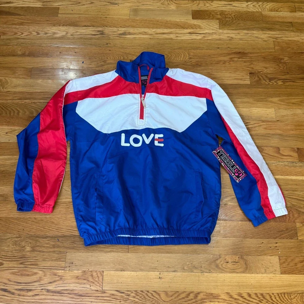Thrill‎ 94 2X Colorblock Windbreaker LOVE Quarter Zip Jacket Blue Red White NWT